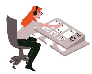 Illustration of a person sitting at a radio soundboard
