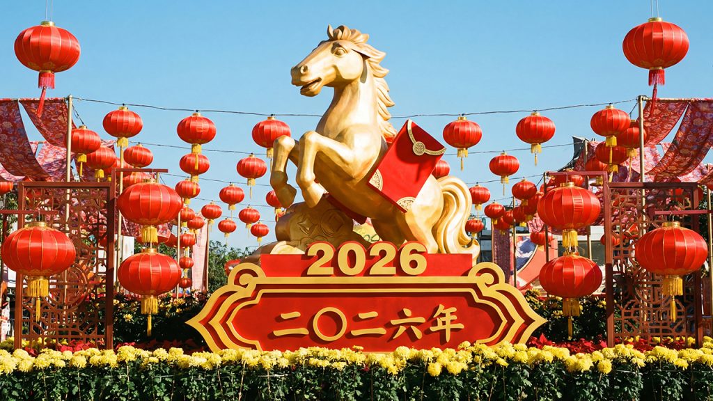 Chinese New Year display featuring a golden horse statue