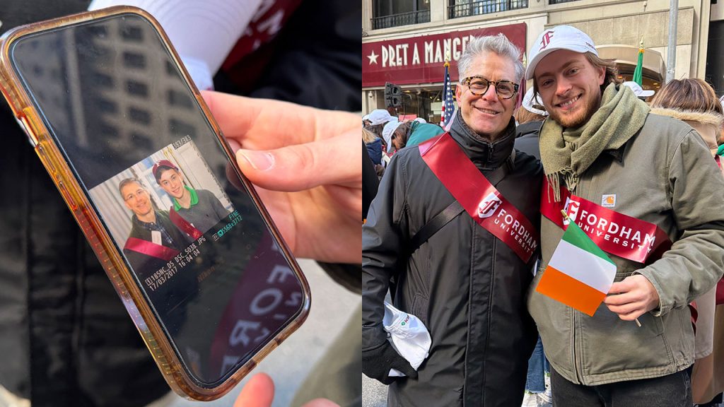 A cell phone on the left shows an old photo while a father and son pose on the right