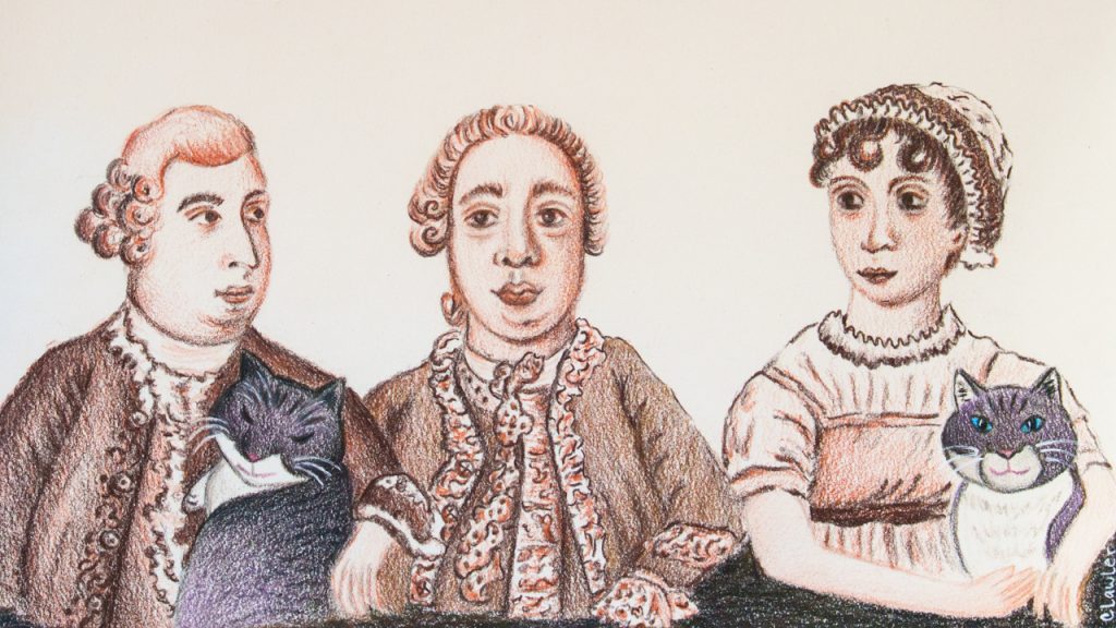 A drawing of three people holding two cats