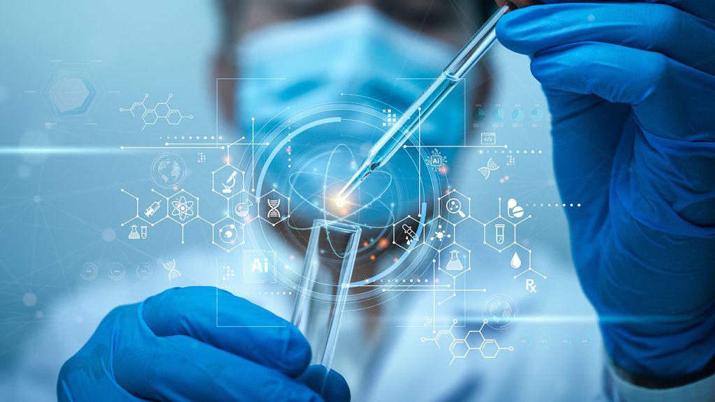 Scientist working with pipettes with electronics imagery overlaid