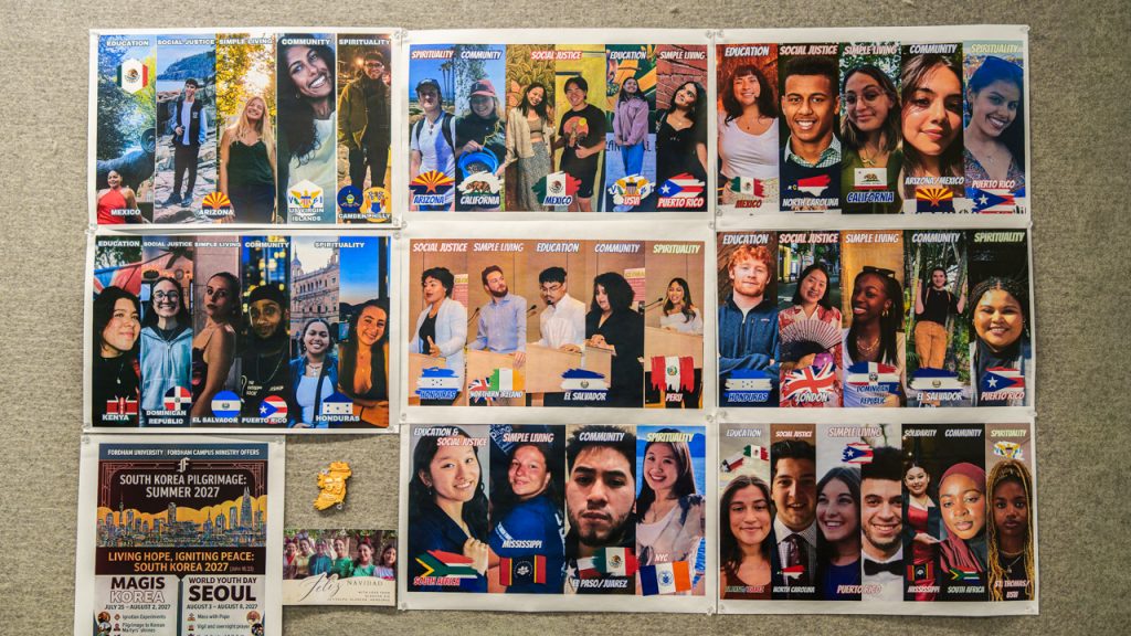 Collages of pictures of students hanging and grouped together on a wall
