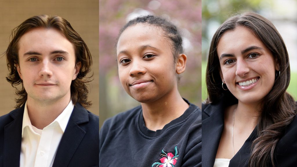 A triptych of three students, smiling for the camera.