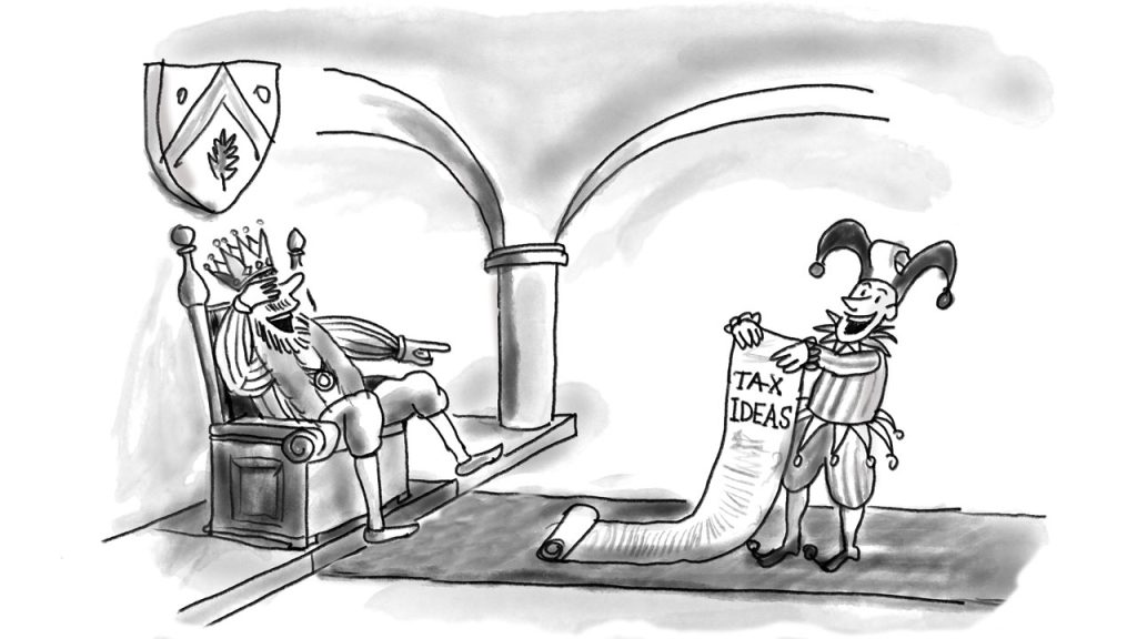 Illustration of a court jester presenting a scroll of tax ideas to the king as both laugh