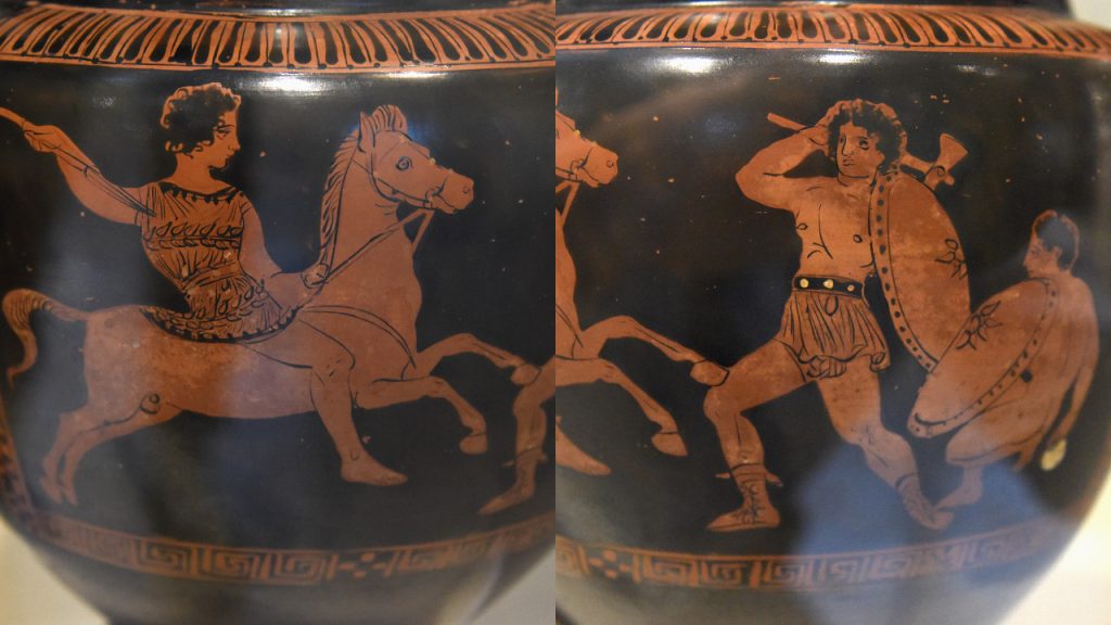 A bowl showing battling members of different South Italian tribes