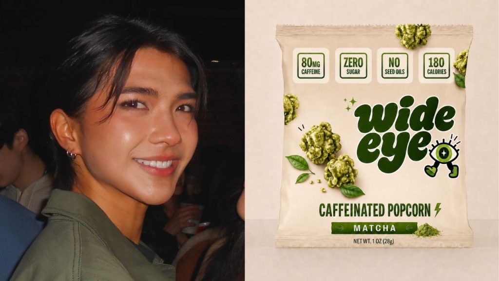 A split image of a man's face as well as a bag of Wide Eye popcorn.