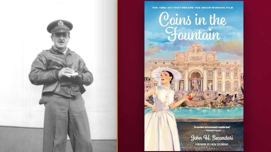 John Secondari in army uniform beside reissue cover of his novel Coins in the Fountain