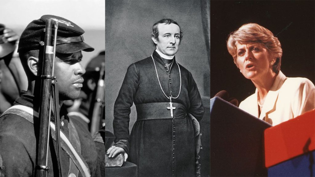 A triptych featuring actor Denzel Washington in Union Army uniform as Trip from the movie Glory, Fordham founder Archbishop John Hughes in formal 19th-century clerical robes with a large cross necklace, and Geraldine Ferraro speaking in a white suit at a blue and red podium.