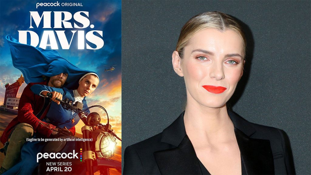 Side-by-side composite image featuring the promotional poster for Peacock’s series "Mrs. Davis" on the left and a portrait of actress Betty Gilpin on the right.