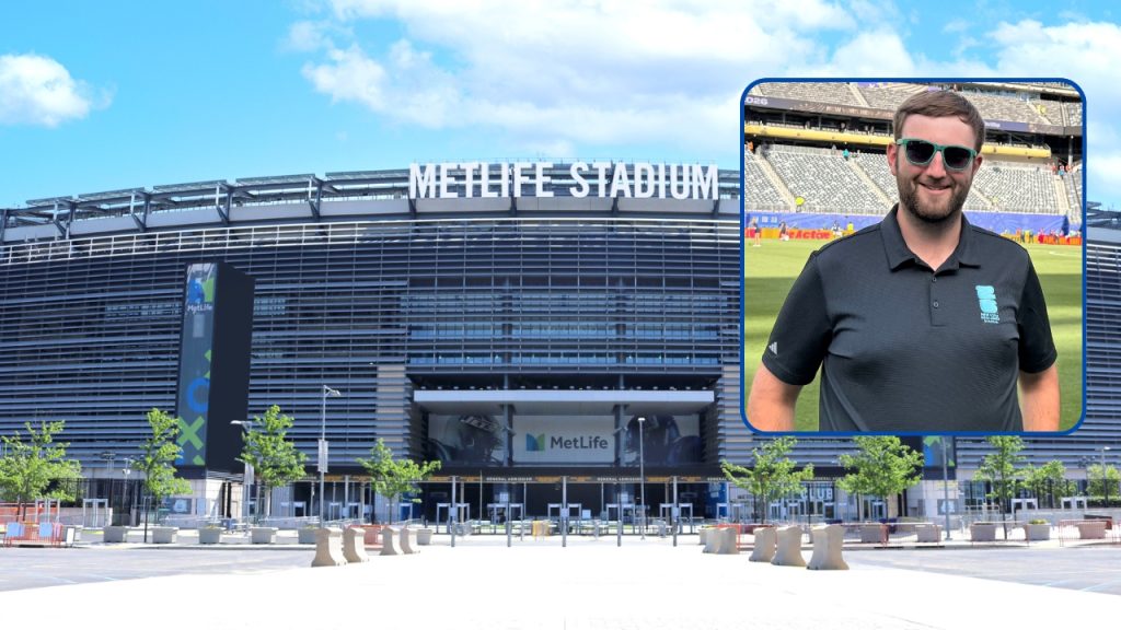 At MetLife Stadium, a Fordham Student Works Behind the Scenes A headshot of a fordham student in front of MetLife stadium, representing college students interning at the World Cup