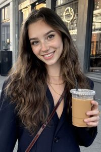 A smiling young woman with long wavy brown hair holding a plastic cup of iced coffee on a city street.