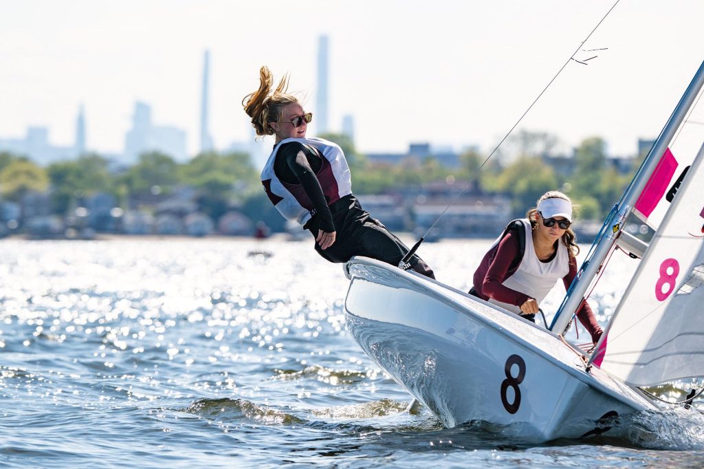 Elizabeth Cochran and Nora Donahue on the open water of the Bronx’s Eastchester Bay
