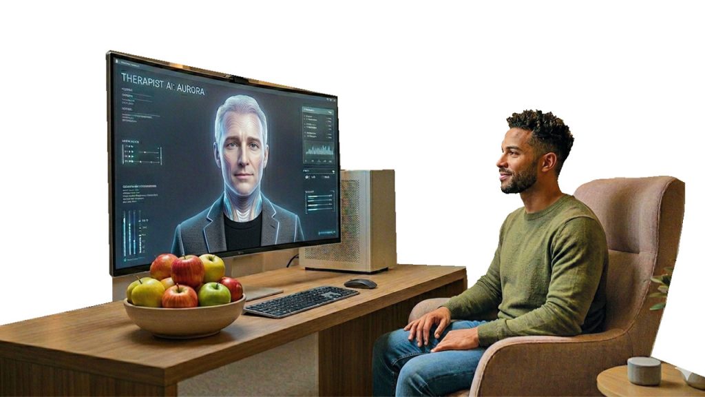A man seated in an armchair at a wooden desk, having a virtual therapy session with a digital avatar labeled "Therapist AI: Aurora" on a large computer monitor.
