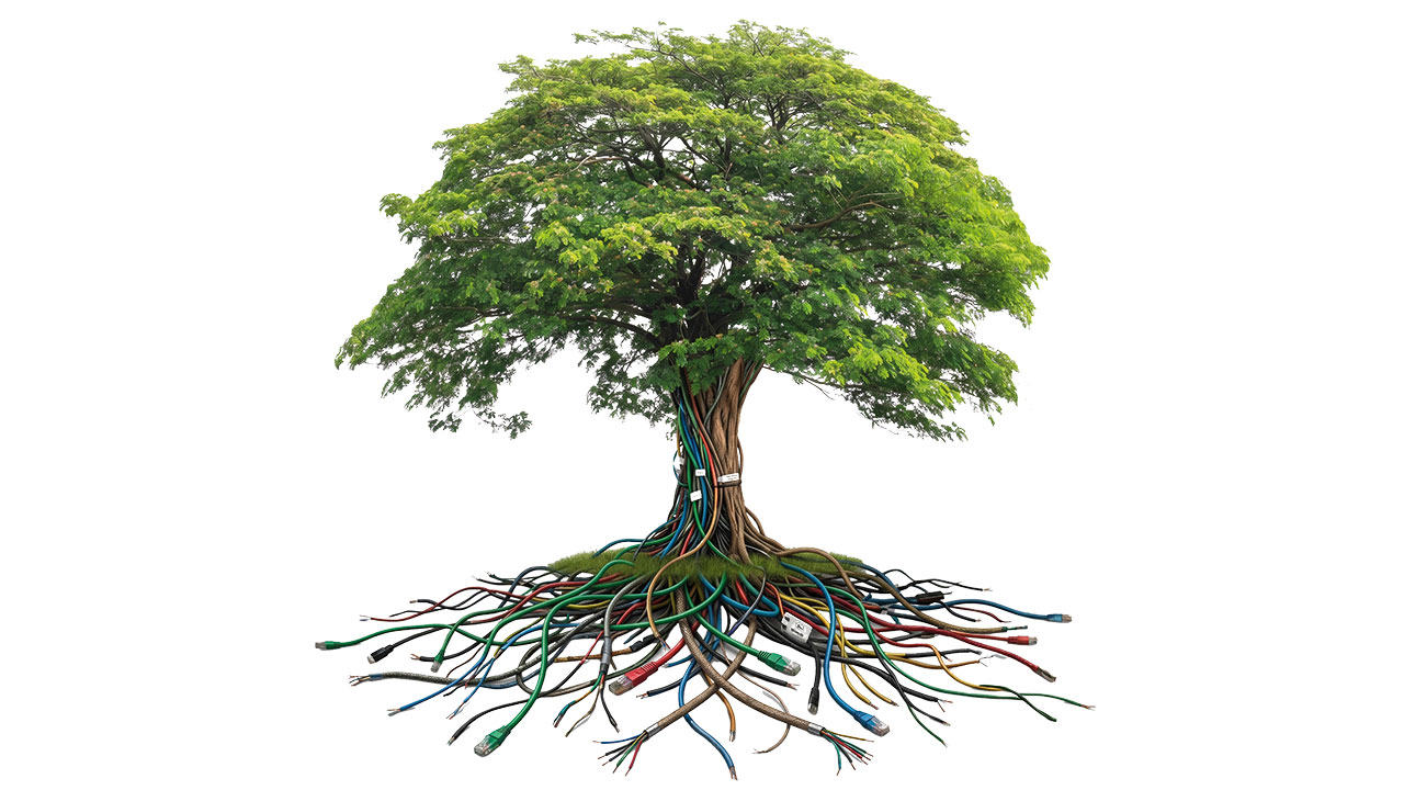 Digital illustration of a leafy green tree whose trunk and exposed roots are composed of colorful network, Ethernet, and power cables.