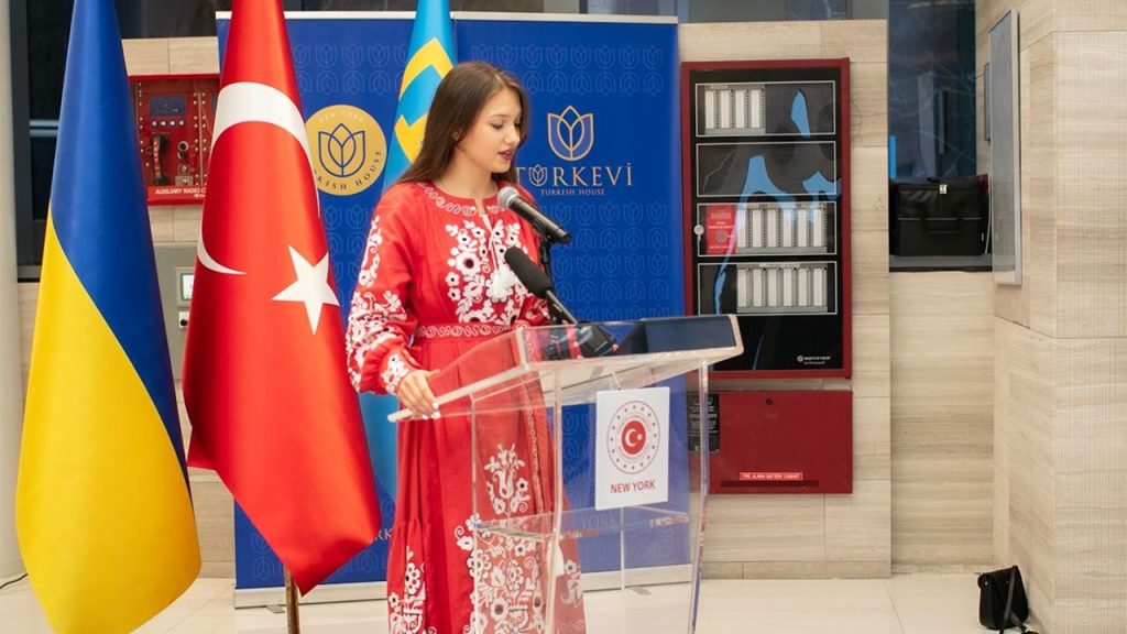 Anya Rodnikoff speaking at the Turkish consulate in New York City 