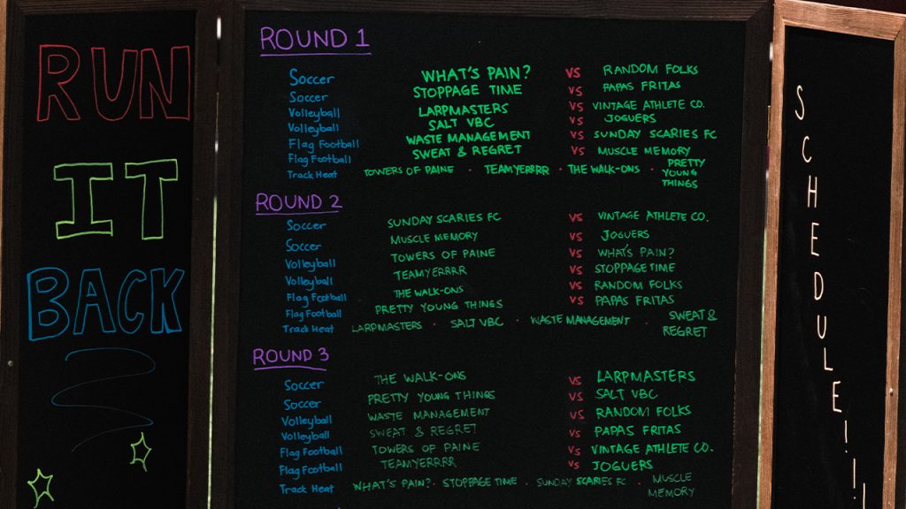 A blackboard with the scheduled matchups and team names written on it