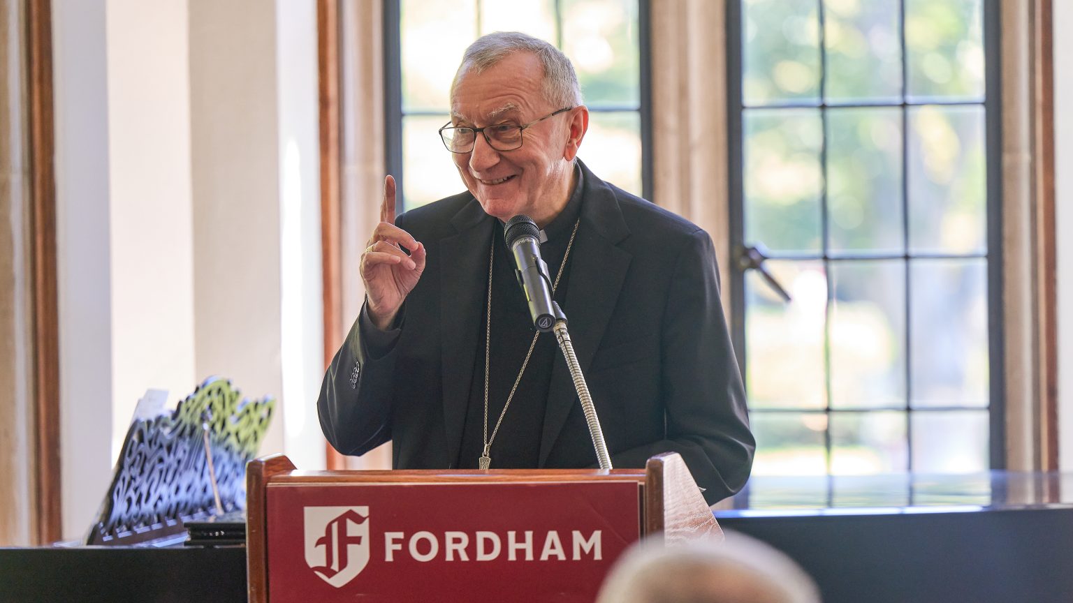 Cardinal Pietro Parolin, Vatican Secretary of State, Makes Second Visit to Fordham Cardinal Parolin speaking at Fordham