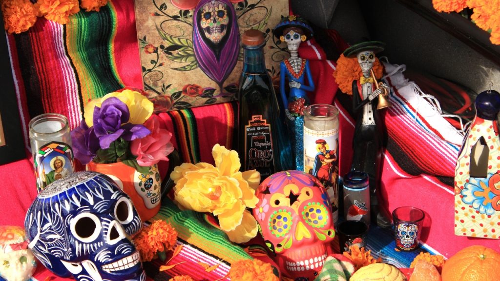 Colorful objects on an altar for Dia de los Muertos