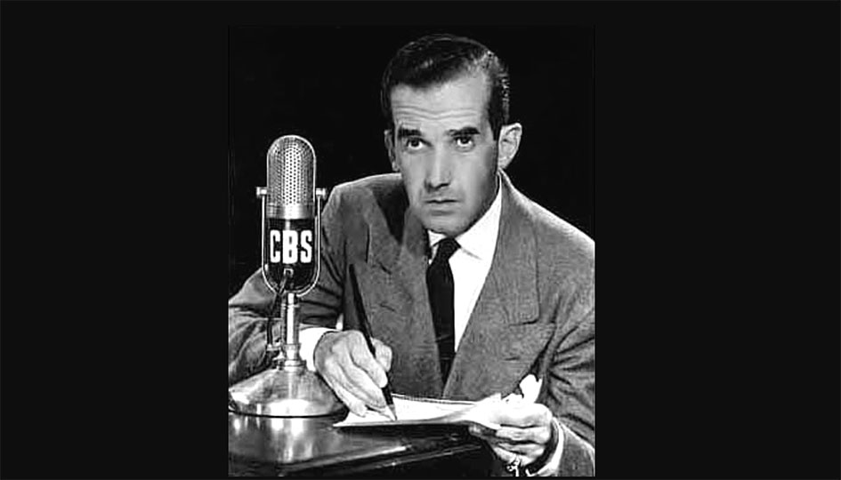 Sperber Prize Marks 75 Years of Murrow’s See It Now Edward R. Murrow at a mic in a suit