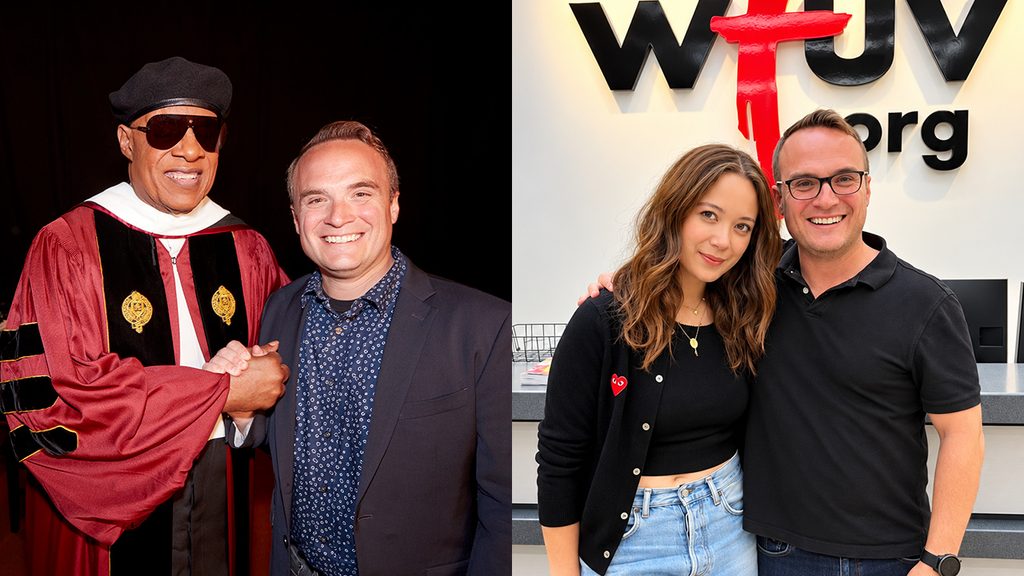 Side-by-side photos of Rich McLaughlin with Stevie Wonder and with pop artist Laufey