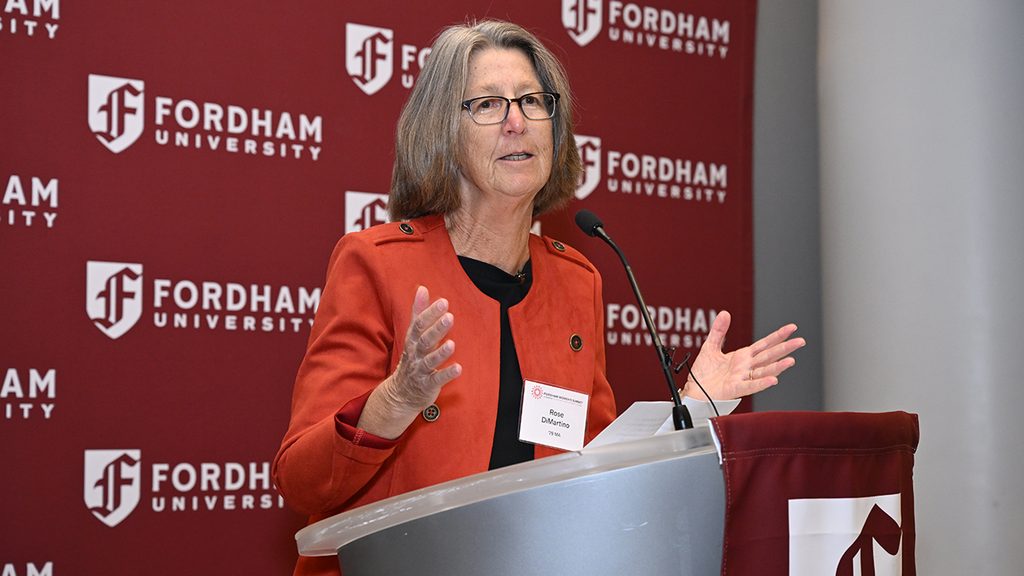 Fordham Trustee Rose DiMartino speaking at the Women's Summit