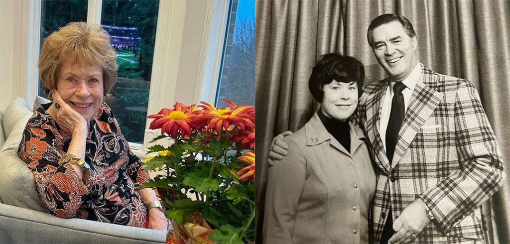 A side-by-side composite photograph featuring Rosemary McCabe Travis. On the left, a color photo shows her as an older woman seated indoors near a potted plant with orange and yellow flowers, resting her chin in her hand with a gentle smile. On the right, a vintage black-and-white photo shows a younger Rosemary smiling alongside Jeopardy! host Art Fleming, who wears a plaid jacket and has his arm around her shoulder against a curtain backdrop.